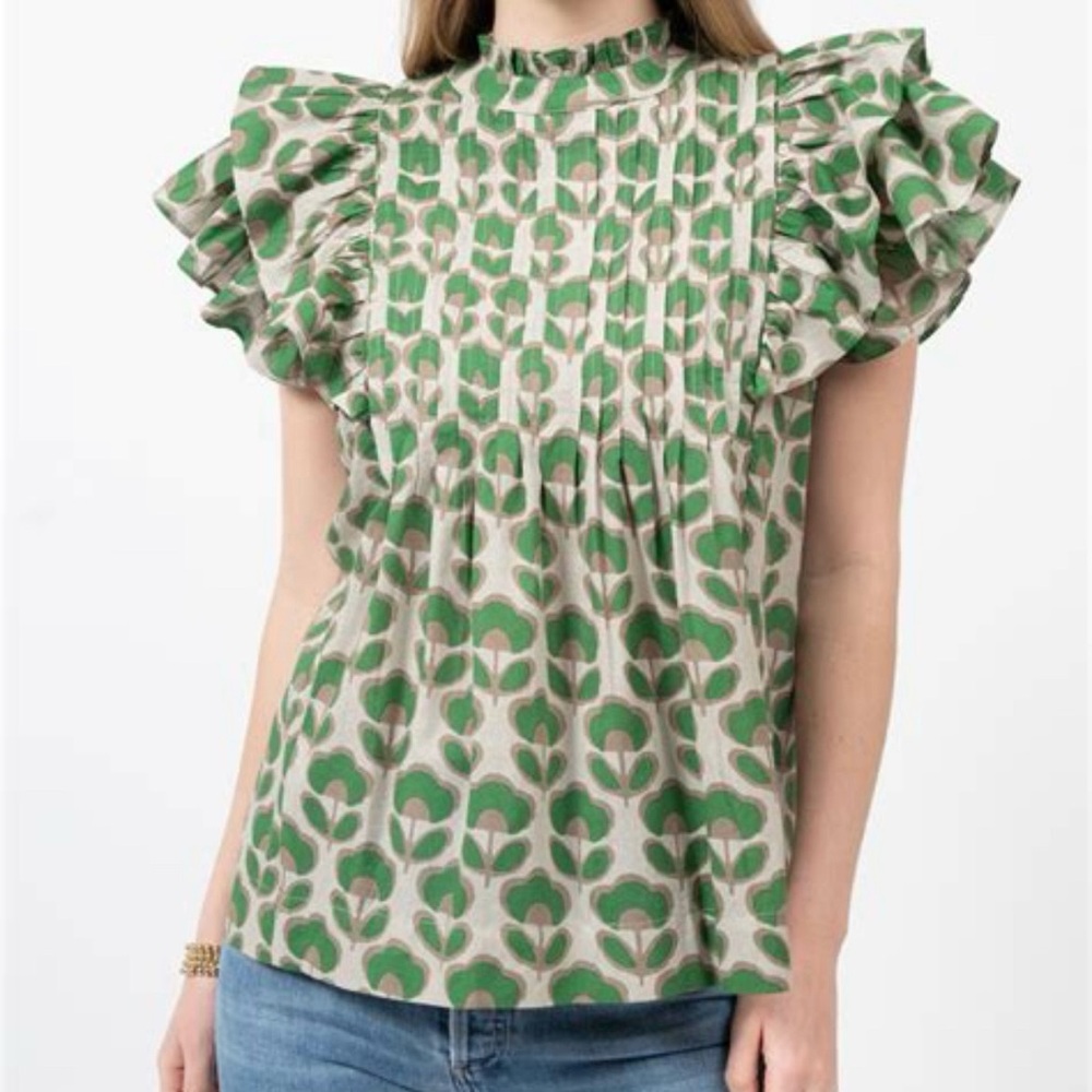 Ivy Jane Statement Blouse Green Geometric Floral Print Boho Ruffled Sleeve Top